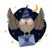 rolig Uggla i en magi hatt flyga med en brev. Uggla posta. helloween scen. vektor hand dragen illustration.