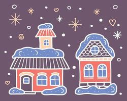 verschneite Weihnachtsnacht. gemütliche rosa häuser auf violettem hintergrund. Vektor-Illustration. vektor