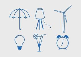 uppsättning av annorlunda platt ikoner, vind energi, lampa, ljus Glödlampa, paraply, cocktail och klocka vektor