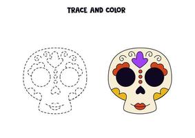 Verfolgen und färben Sie den niedlichen handgezeichneten mexikanischen Schädel. Arbeitsblatt für Kinder. vektor