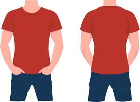Mann im roten T-Shirt und Blue Jeans. Stilvoller Charakter mit Vorder- und Rückansicht im trendigen modernen Stil. vektor