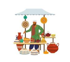 vektor illustartion av keramisk gata affär med arab säljare. målad burkar, skålar, te krukor, maträtter, vaser, amfora. asiatisk man. handel rättvis. platt tecknad serie stil.
