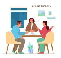 uppkopplad familj terapi begrepp platt vektor illustration. par diskuterar deras problem med kvinna psykolog eller psykoterapeut förbi videokonferens ringa upp.