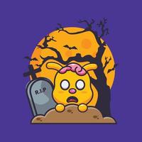 söt zombie bi stiga från kyrkogård i halloween dag. söt halloween tecknad serie illustration. vektor