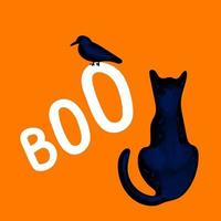 Boo-Halloween-Illustration mit schwarzer Katze und Krähe auf orangefarbenem Hintergrund vektor