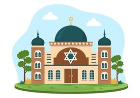 synagoga byggnad eller jewish tempel med religiös, hebré eller judendom och jude dyrkan plats i mall hand dragen tecknad serie platt illustration vektor