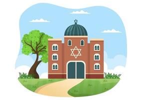 synagoga byggnad eller jewish tempel med religiös, hebré eller judendom och jude dyrkan plats i mall hand dragen tecknad serie platt illustration vektor