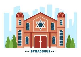 synagoga byggnad eller jewish tempel med religiös, hebré eller judendom och jude dyrkan plats i mall hand dragen tecknad serie platt illustration vektor