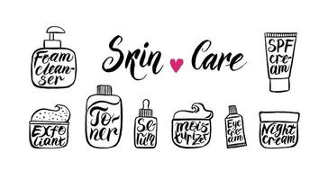 Zeichnung verschiedener Hautpflegeprodukte wie - Reinigungsschaum, Peeling, Toner, Serum, Feuchtigkeitscreme, Augencreme, Nachtcreme, SPF-Creme. vektor