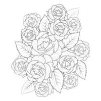 Malbuchseite für Erwachsene mit rosafarbener Rosenillustration mit Blättern und Bleistiftskizzenzeichnung vektor