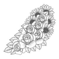rosenblumenvase aus farbseitenelement mit grafischer illustration bleistiftlinie kunstdesign vektor