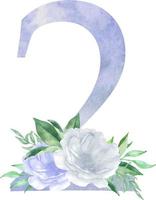 aquarellblaue blumenzahl - ziffer 2 zwei mit blumenblumenstraußzusammensetzung. Nummer 2 mit Blumen und Grün vektor