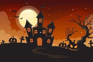 halloween-illustration mit silhouette des schlosses bei glühendem mond und toten bäumen vektor