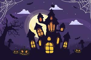 halloween-illustration mit silhouette des schlosses bei glühendem mond und toten bäumen vektor