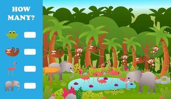 tryckbar pedagogisk kalkylblad för barn med på vilket sätt många pussel, tropisk djungel djur vilda djur och växter med söt flamingo vektor
