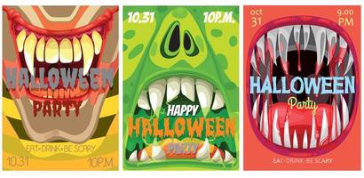 halloween fest vektor flygblad med monster mun, tecknad serie inbjudan affisch