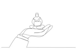 Illustration einer riesigen Hand, die eine Hijab-Geschäftsfrau hält, die am Laptop arbeitet, Metapher für Mitarbeiterbetreuung, Unternehmensunterstützung. Einzeiliger Kunststil vektor