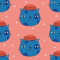 sömlös mönster med söt blå katt i vinter- hatt. vektor illustration