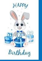 Alles Gute zum Geburtstag. süßes kleines kaninchen, das mit geschenken sitzt. grußkarte für jungengeburtstag, party. vektor