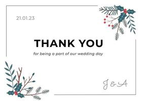 Hochzeit Winter danke Kartendesign. Vorlage mit Text. botanischer Hintergrund des Vektors in einem weichen handgezeichneten Stil vektor