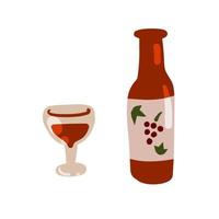 Flasche Wein und Schnapsglas. Traubenroter Alkohol. Sucht und Alkohol. Gekritzel-Cartoon-Illustration vektor