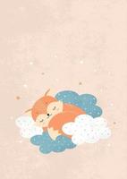 süßer kleiner fuchs, der auf wolken mit sternen schläft. Kinderillustration für Poster, Stoffdrucke und Postkarten. Vektor