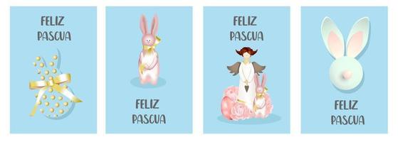 uppsättning av påsk kort. kanin kanin, kyckling och vår dekor. Lycklig påsk. vektor