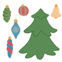 Vektorzeichnung eines Weihnachtsbaums und Weihnachtsbaumspielzeug im Doodle-Stil auf weißem Hintergrund. vektor