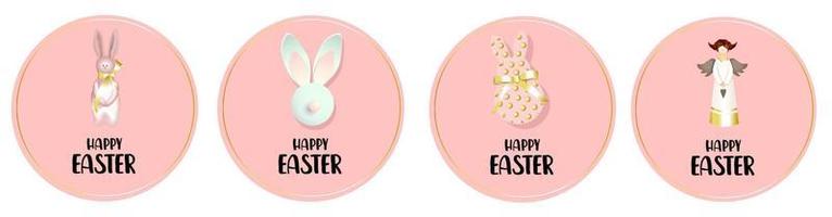 påsk runda märken. klistermärken, logotyp. Lycklig påsk kanin kanin, ängel och gyllene band. rosa bakgrund. taggar för gåvor. vektor