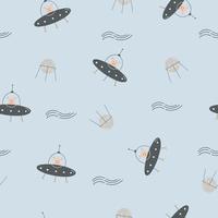 kosmisches nahtloses muster mit handgezeichnetem ufo und satelliten. kindliches Design für Kleidung, Textilien, Geschenkpapier vektor