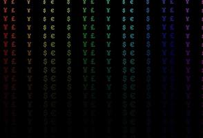 dunkles mehrfarbiges, regenbogenvektormuster mit eur, usd, gbp, jpy. vektor