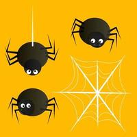 uppsättning av svart söt spindlar och vit spindelväv på ett orange bakgrund för halloween vektor
