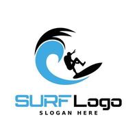 surf-logo mit mannsilhouette, brett und meereswellenwasser in runder form. vektor