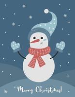 weihnachtsplakat mit niedlichem zeichentrickfigur schneemann in gestrickter kleidung auf schneebedecktem hintergrund. vektor vertikale illustration grußkarte frohe weihnachten.