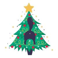 weihnachtskarte, banner oder postervorlage mit weihnachtsbaum und niedlicher schwarzer katzenbeute, die daraus herausragt vektor