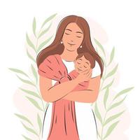 mamma och nyfödd bebis. porträtt dekorerad med växter. moderskap begrepp och familjer.vektor illustration. vektor