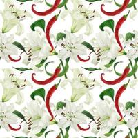 tropische weiße Lilien und rote Chilis aquarellnahtloses Muster vektor