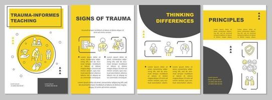 Trauma informierte Lehrmethode Gelbe Broschürenvorlage. Studenten kümmern sich. Broschürendesign mit linearen Symbolen. 4 Vektorlayouts für Präsentationen, Jahresberichte. vektor