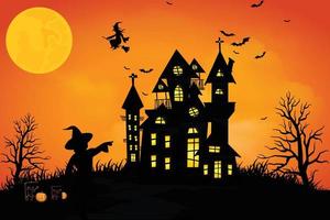 halloween-szenen mit der silhouette eines schlosses ein leuchtender mond und tote bäume illustration. vektor