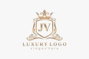 Royal Luxury Logo-Vorlage für den Anfangsbuchstaben JV in Vektorgrafiken für Restaurant, Lizenzgebühren, Boutique, Café, Hotel, Heraldik, Schmuck, Mode und andere Vektorillustrationen. vektor