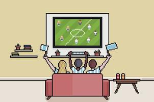 Pixel-Art-Fans, die im Wohnzimmer Fußball im Fernsehen schauen 8-Bit-Hintergrund von Menschen, die die Fußballweltmeisterschaft verfolgen vektor