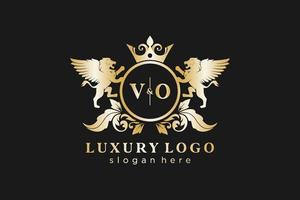 första vo brev lejon kunglig lyx logotyp mall i vektor konst för restaurang, kungligheter, boutique, Kafé, hotell, heraldisk, Smycken, mode och Övrig vektor illustration.