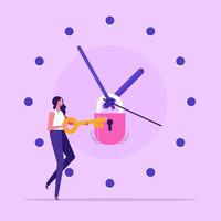affärskvinna upplåsning en klocka. tid förvaltning begrepp. effektiv planera för produktiv arbete, deadline projekt. vektor illustration