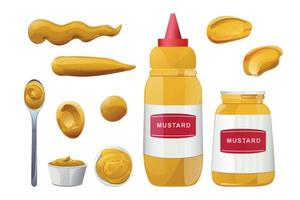 senfflaschen und spritzer gesetzt. Dijon-Honig-Sauce-Creme. Vektordesign im Cartoon-Stil für das Branding von Lebensmitteln. vektor