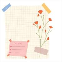 Blatt Notizbuch mit Blume und Washi Tape. To-Do-Liste, Business-Organizer-Seite, Papierblatt. zeitschrift und planer entwerfen vektorillustration. vektor