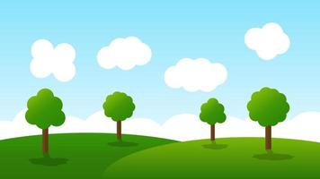 landskap tecknad serie scen med grön träd på kullar och vit moln i blå himmel bakgrund vektor