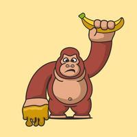 gorilla, der bananen- und honigkarikaturmaskottchen, flachen designstil hält vektor