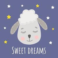 ljuv drömmar kort med rolig söt liten lamm. sovande får. Bra natt kort. vektor illustration f skriva ut på de vägg, barnkammare rum dekoration.