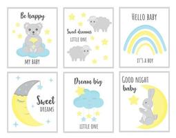 uppsättning söta baby shower-kort eller barnkammare affischer. handritad koala, kanin, regnbåge, moln, stjärnor. vektorillustrationer för inbjudningar, gratulationskort, affischer. baby shower firande koncept. vektor