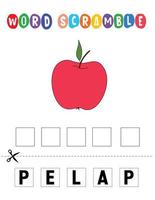 äpple ord förvränga . pedagogisk spel för ungar. engelsk språk stavning kalkylblad för förskola barn. vektor